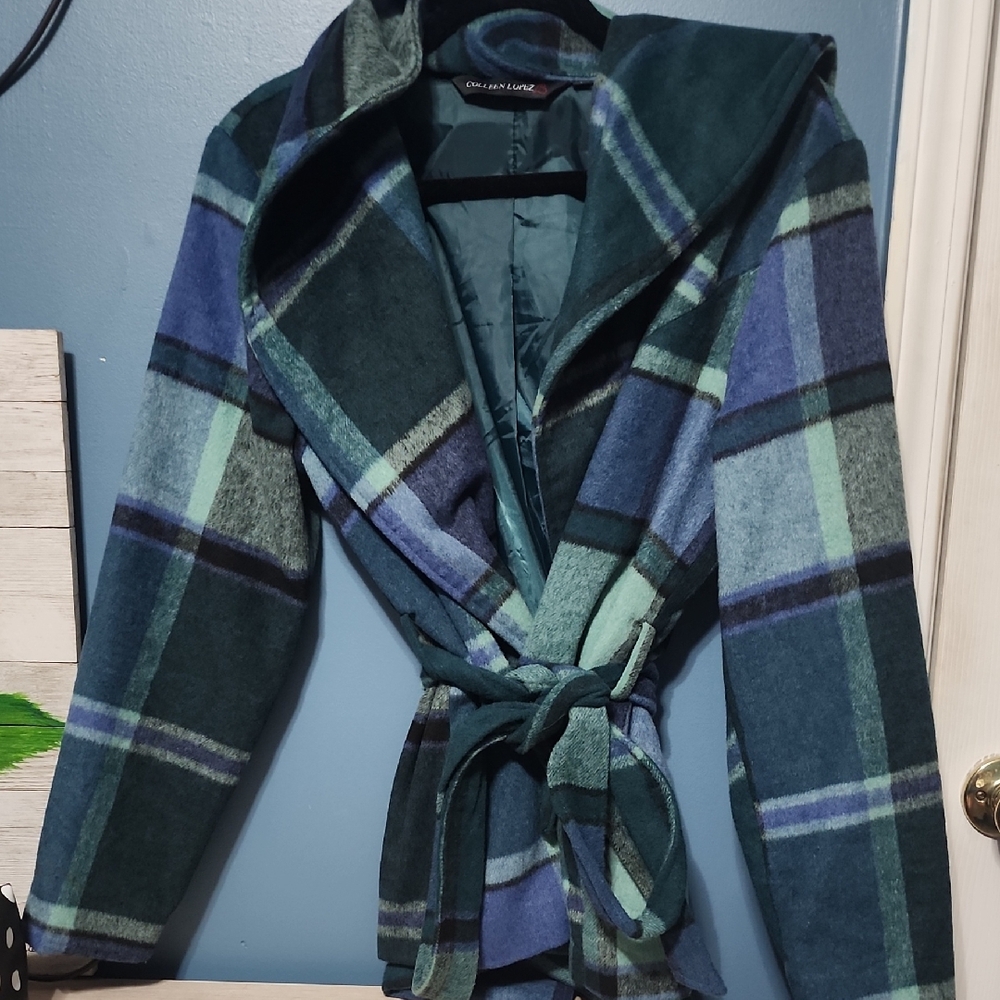 Colleen Lopez Teal and Blue Plaid Belted Pea Coat